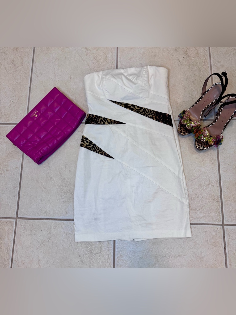 White Strapless Mini Dress with Leopard Accent